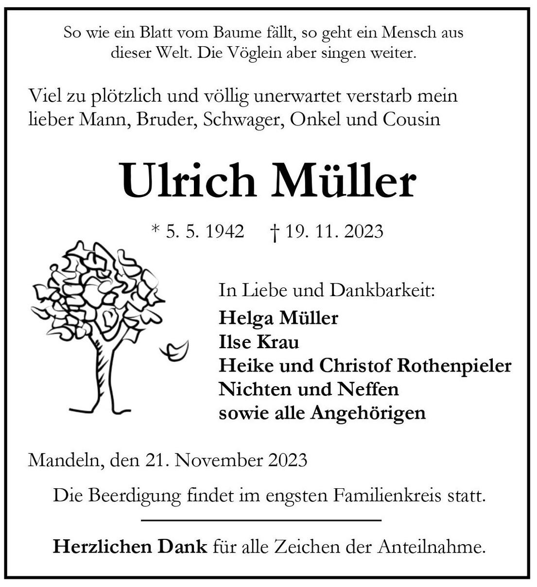 Traueranzeige f&uuml;r Ulrich M&uuml;ller, mit pers&ouml;nlichen Dankesworten und Informationen zur Beerdigung.