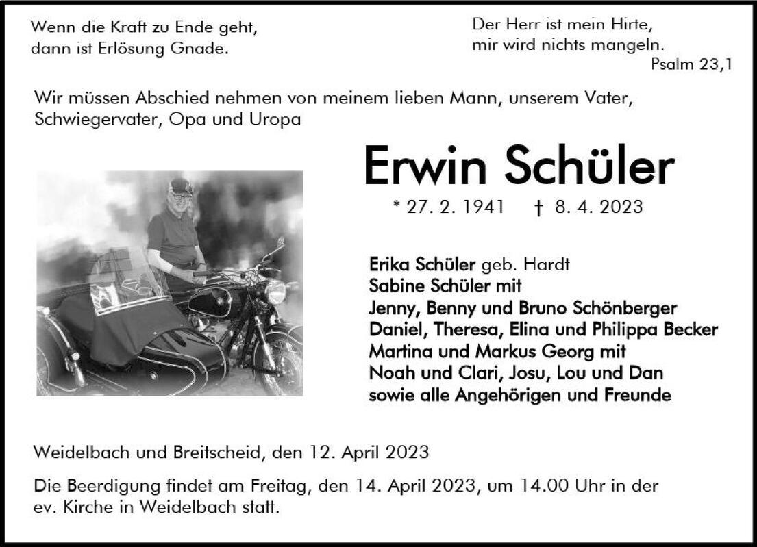Traueranzeige f&uuml;r Erwin Sch&uuml;ler, 1941-2023, mit Foto und pers&ouml;nlichen Abschiedsworten auf schwarzem Hintergrund.