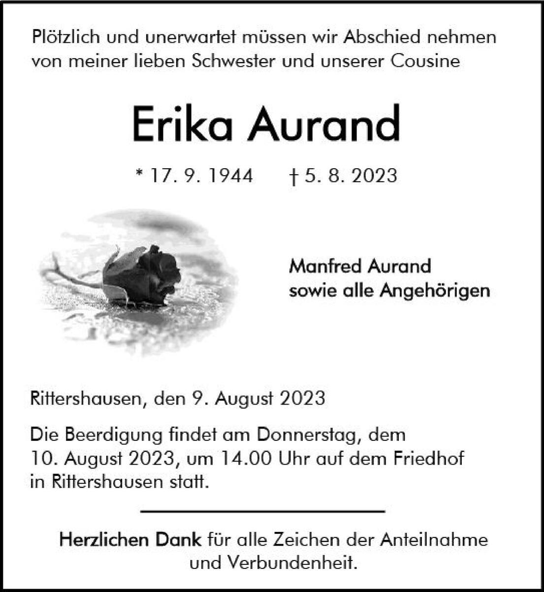 Traueranzeige f&uuml;r Erika Aurand mit Angaben zu Geburts- und Sterbedatum sowie Beerdigungstermin in Rittershausen.