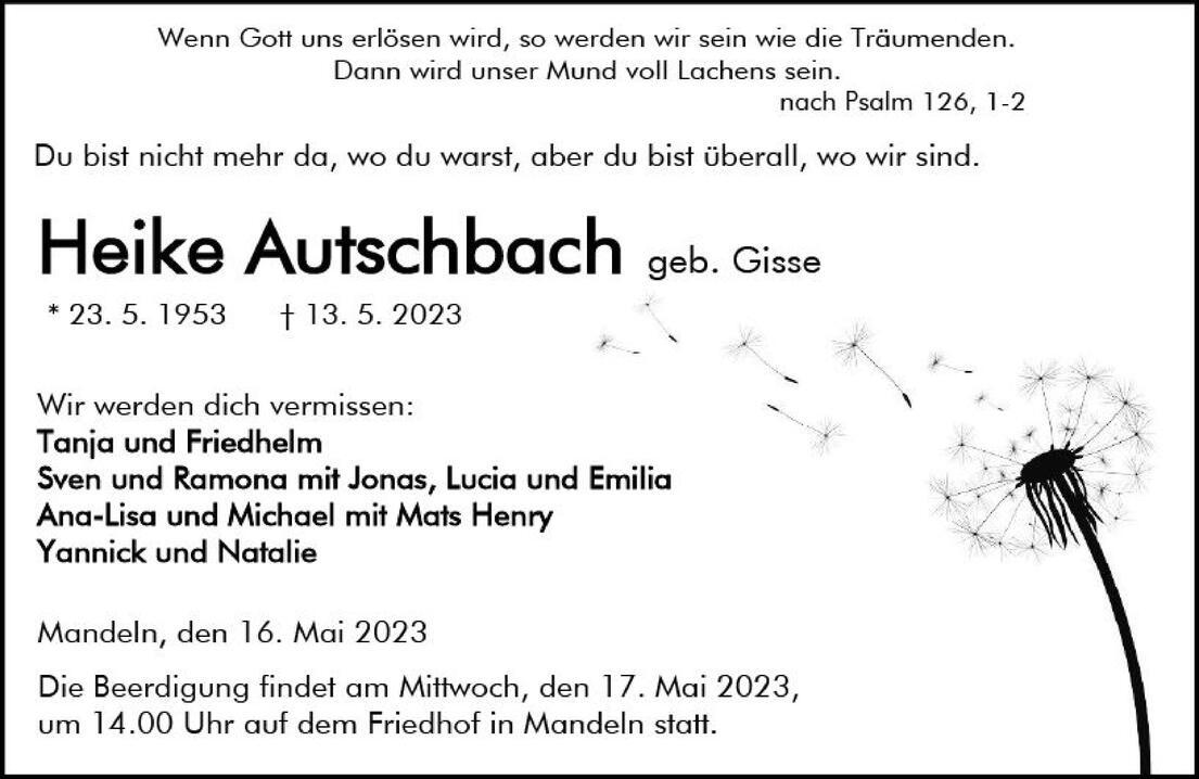 Sterbeanzeige f&uuml;r Heike Autschbach mit Geburts- und Sterbedatum sowie Abschiedsworten und Beerdigungsdetails.