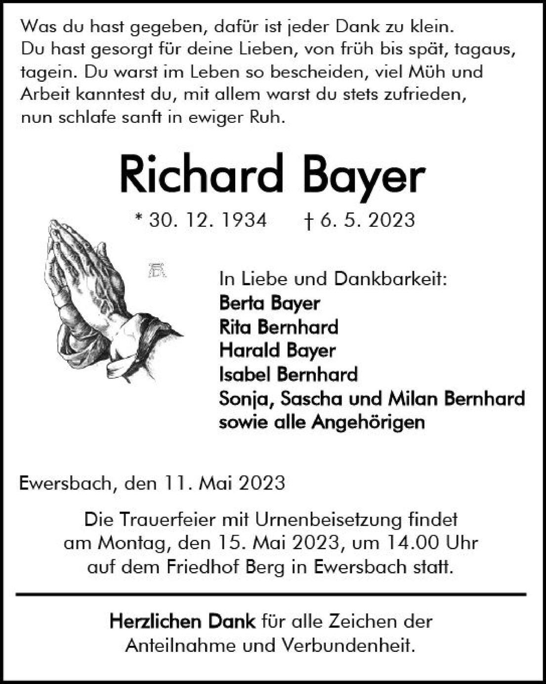 Traueranzeige f&uuml;r Richard Bayer, gestorben am 6. Mai 2023, mit Namen der Angeh&ouml;rigen und Trauerfeierdetails.