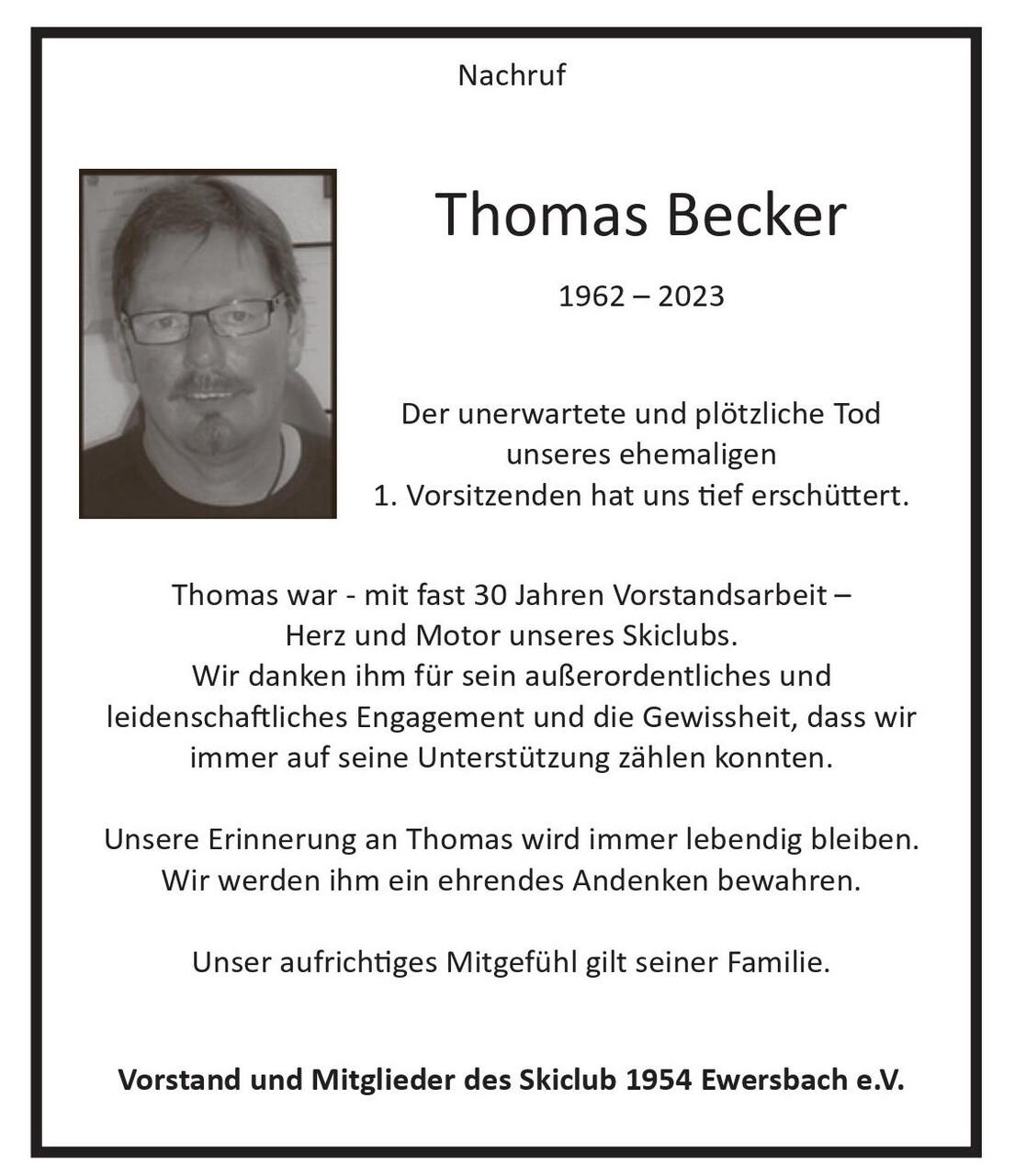 Nachruf f&uuml;r Thomas Becker mit Foto und W&uuml;rdigung seiner Verdienste als 1. Vorsitzender des Skiclubs 1954 Ewersbach e.V.