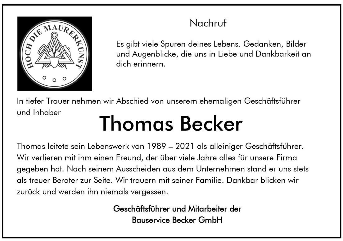 Nachruf auf Thomas Becker, ehemaliger Gesch&auml;ftsf&uuml;hrer und Inhaber der Bauservice Becker GmbH, mit Trauerspr&uuml;chen und Bildern.