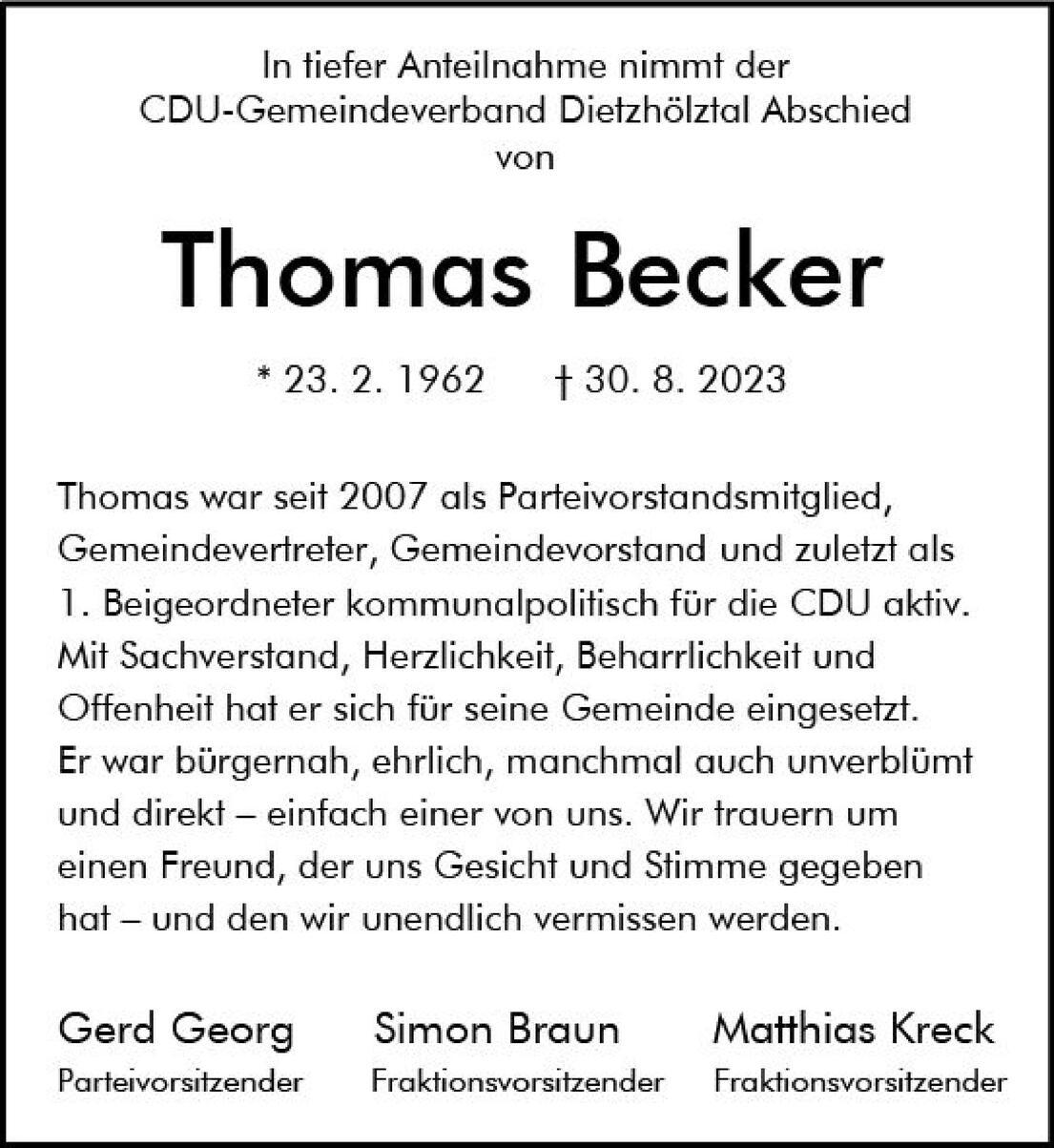Trauerschreiben f&uuml;r Thomas Becker, mit Geburts- und Todesdatum, sowie W&uuml;rdigung seiner politischen Arbeit.