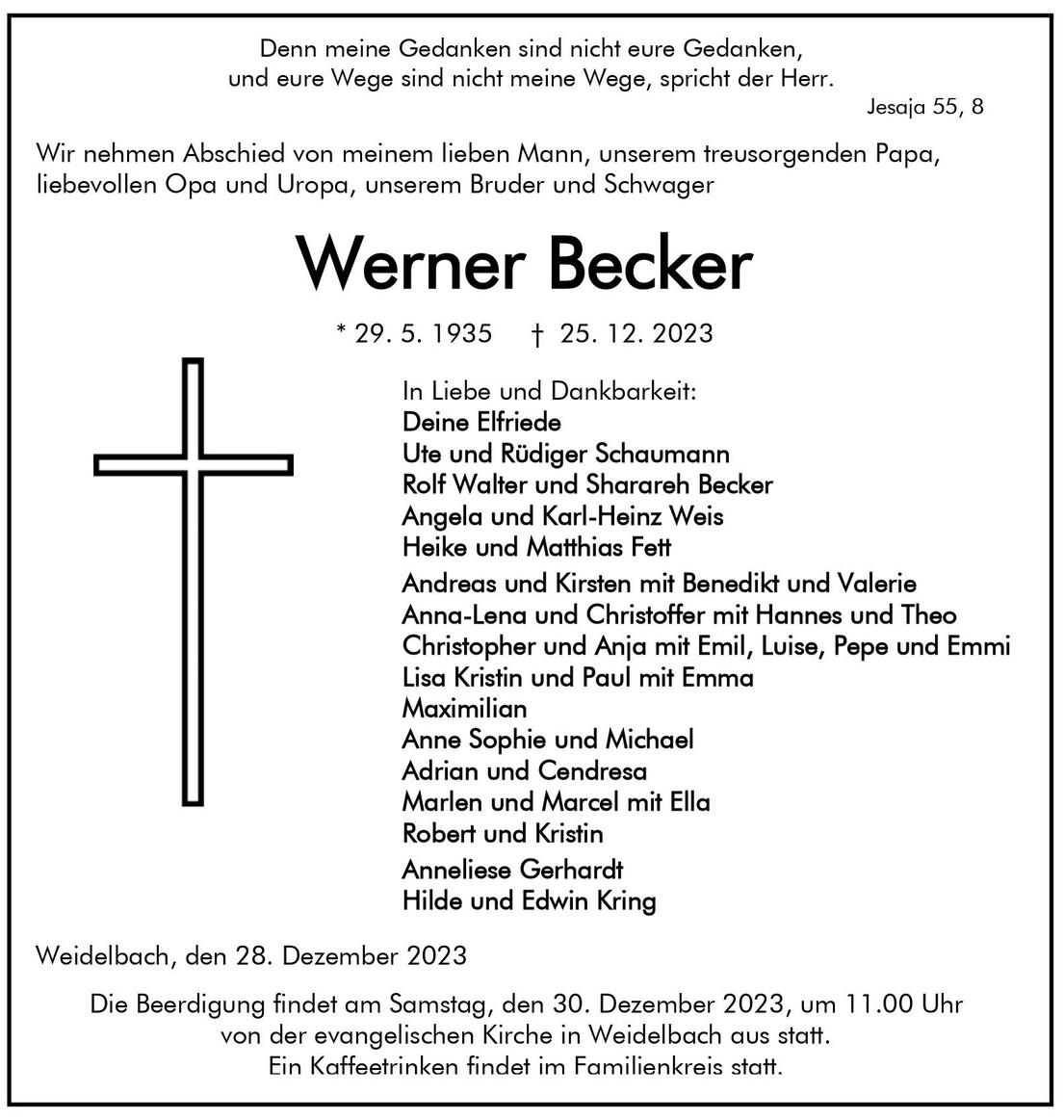 Sterbeannonce f&uuml;r Werner Becker mit Datum, Kreuz, trauernden Angeh&ouml;rigen und Beerdigungsinformationen.