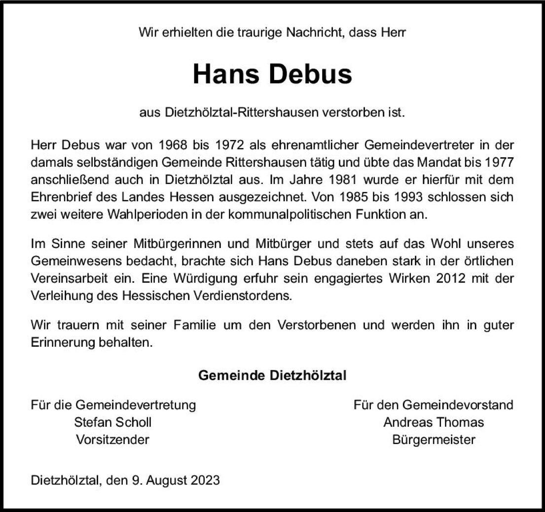Nachruf auf Hans Debus, ehemaliger Gemeindeverterter in Dietzh&ouml;lztal-Rittershausen, verstorben am 9. August 2023.