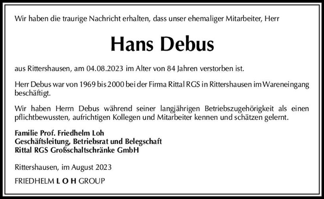 Traueranzeige f&uuml;r Hans Debus, verstorben am 04.08.2023, im Alter von 84 Jahren, ehemaliger Mitarbeiter der Firma Rittal RGS.