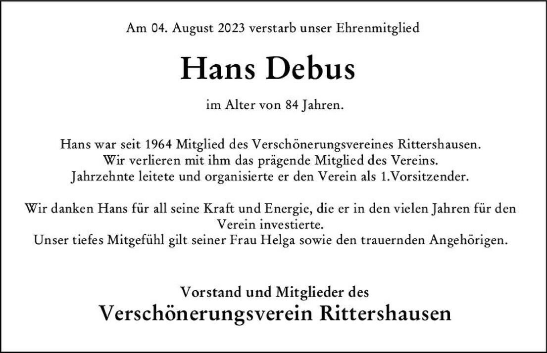 Nachruf auf Hans Debus, verstorben am 4. August 2023, f&uuml;r seine Verdienste im Versch&ouml;nerungsverein Rittershausen.