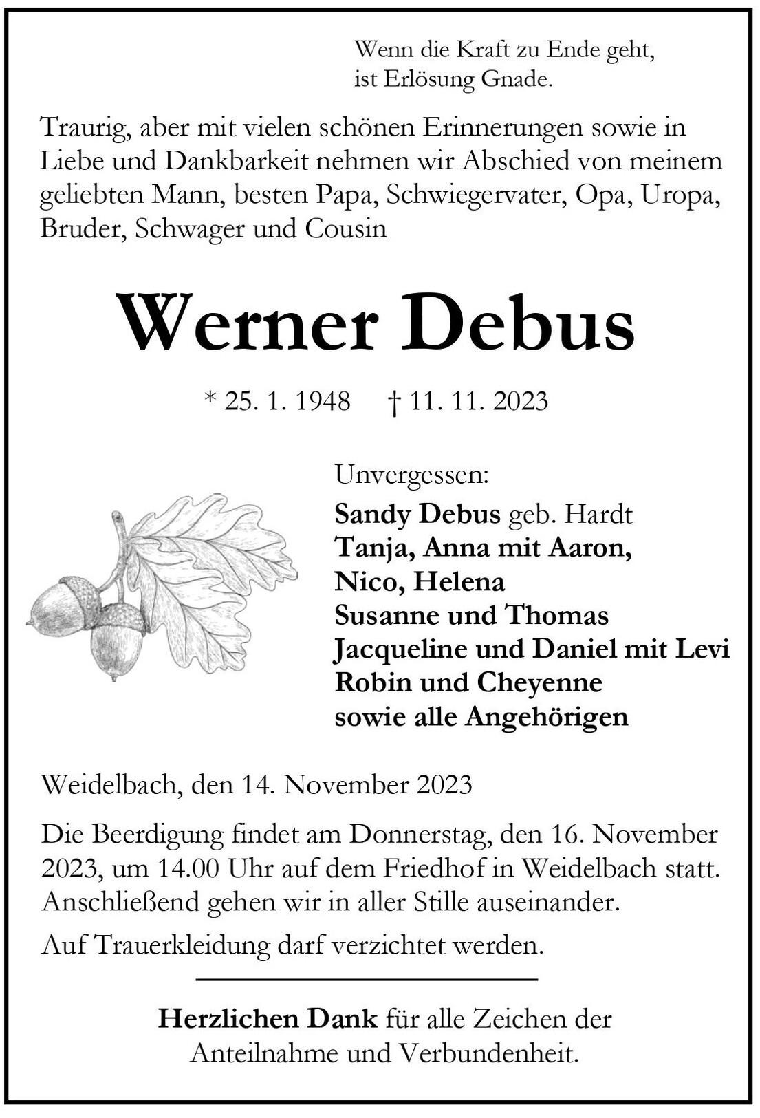 Sterbebild f&uuml;r Werner Debus mit pers&ouml;nlichen Erinnerungen, Geburts- und Sterbedatum sowie Traueranzeige.