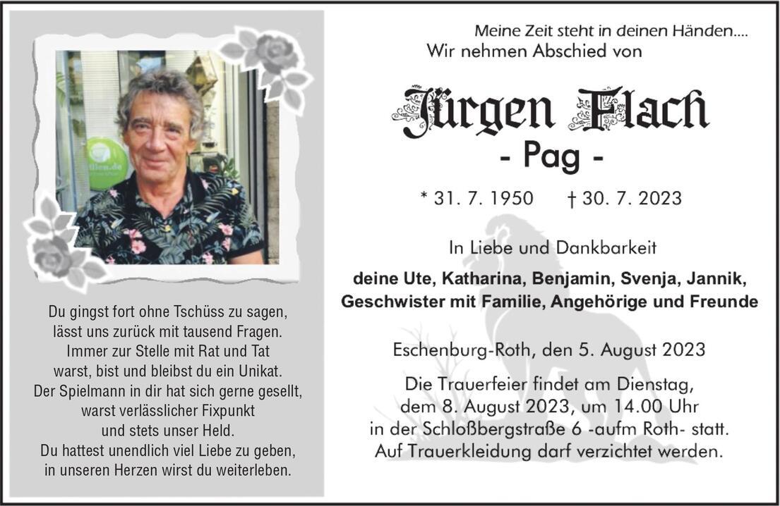 Traueranzeige mit Portrait eines Mannes, umgeben von Blumenmotiven, Informationen zur Trauerfeier und pers&ouml;nlichen W&uuml;rdigungen.