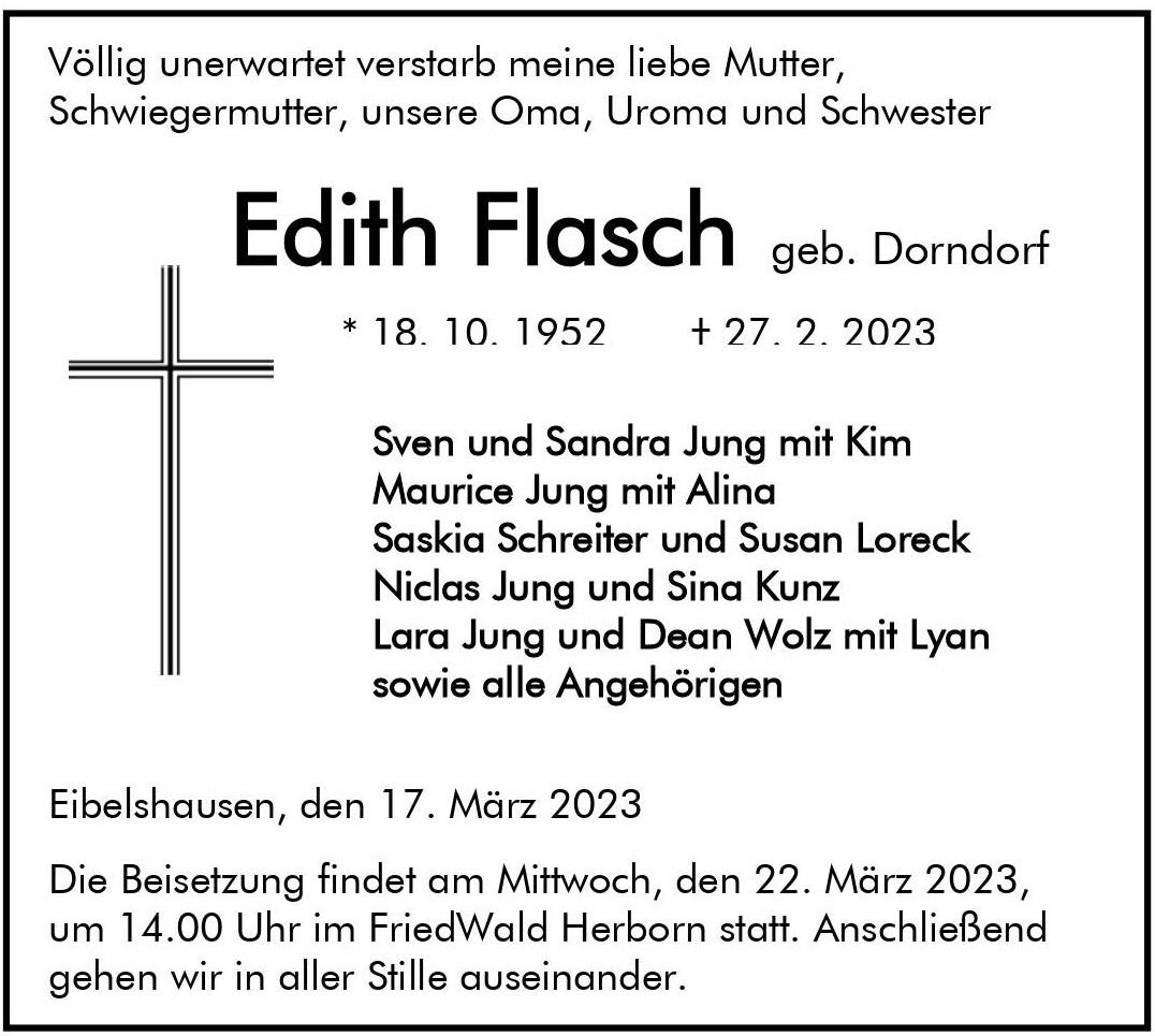 Sterbebild f&uuml;r Edith Flasch, mit Geburts- und Todesdatum sowie Informationen zur Beisetzung am 22. M&auml;rz 2023.