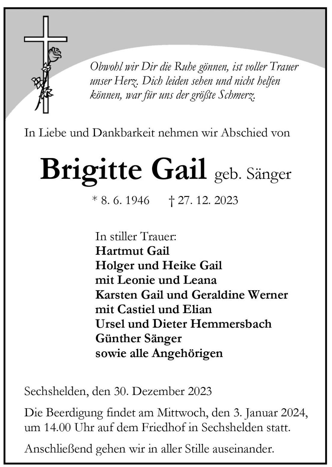 Traueranzeige f&uuml;r Brigitte Gail, geb. S&auml;nger, mit Namen der Angeh&ouml;rigen und Beerdigungsdetails.