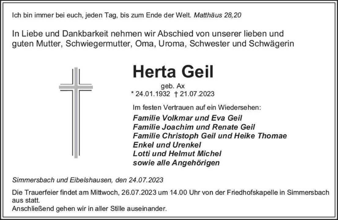 Traueranzeige f&uuml;r Herta Geil mit Daten zur Geburt, zum Tod und zur Trauerfeier, umgeben von einem Kreuz.