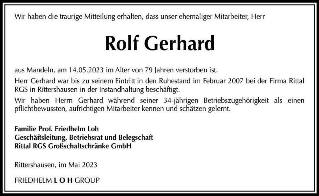 Traueranzeige f&uuml;r Rolf Gerhard, der am 14.05.2023 im Alter von 79 Jahren verstorben ist, ver&ouml;ffentlicht von Rittal RGS.