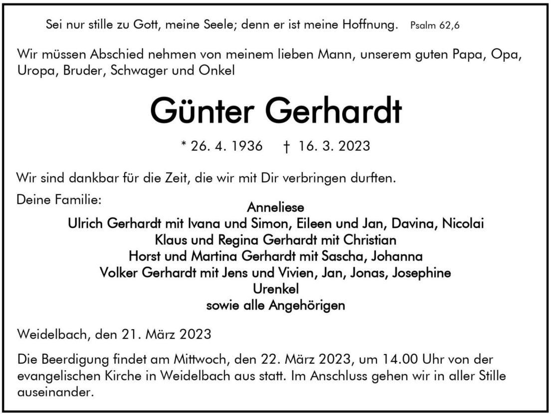 Sterbebild f&uuml;r G&uuml;nter Gerhardt mit Geburts- und Sterbedatum sowie Familienangeh&ouml;rigen und Beerdigungsinformationen.
