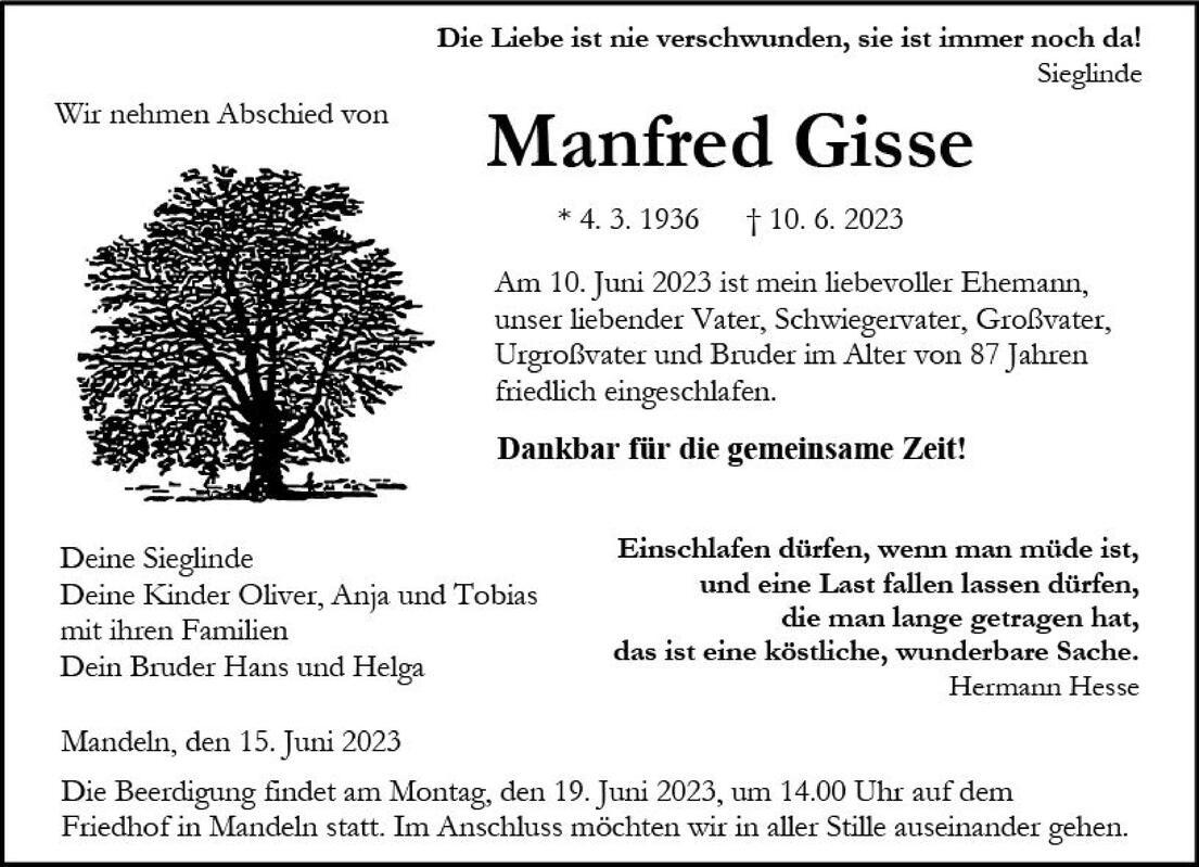 Traueranzeige f&uuml;r Manfred Gisse mit Baum, Geburts- und Sterbedatum sowie Beerdigungsinformationen.