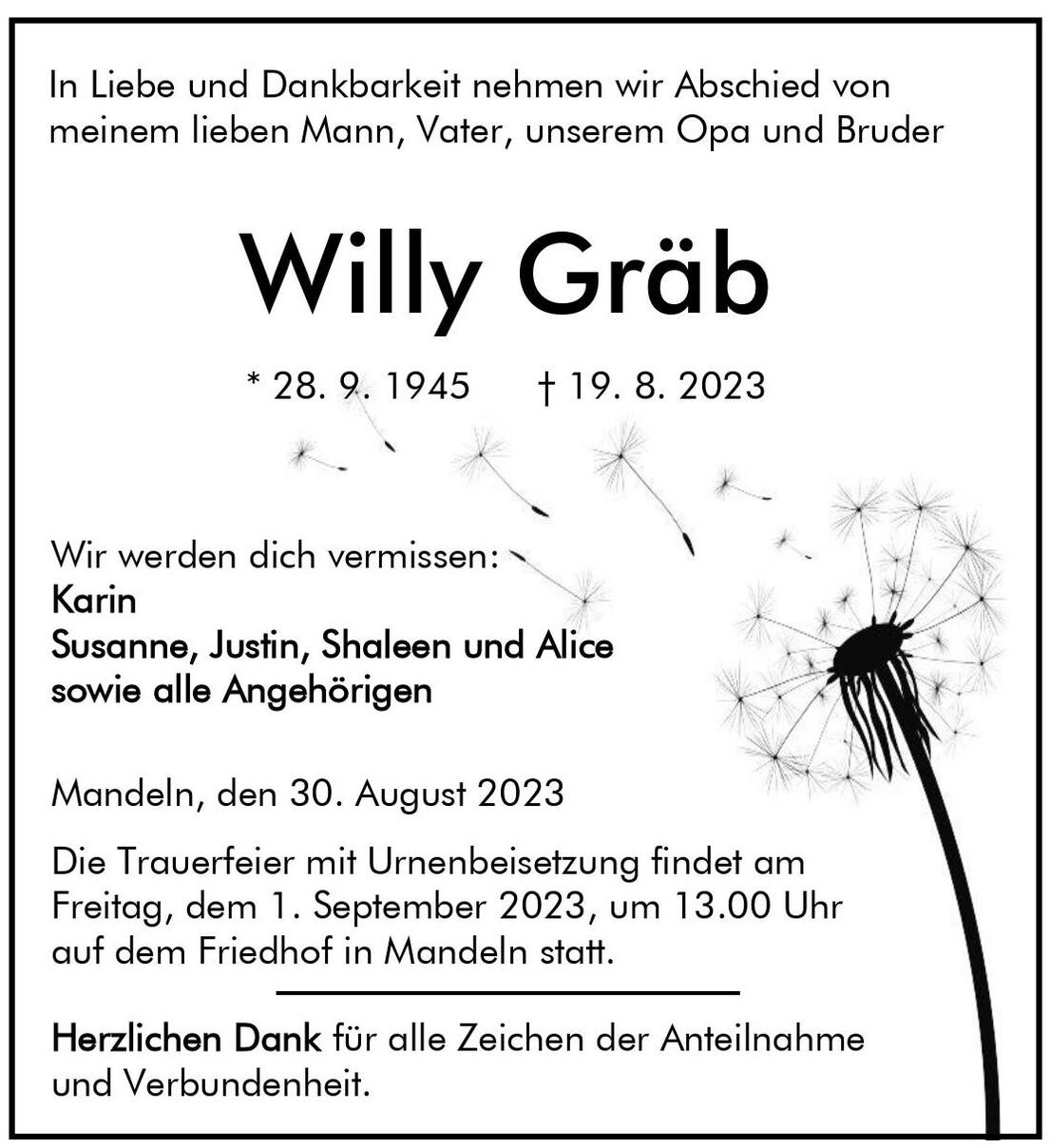 Traueranzeige f&uuml;r Willy Gr&auml;b, verstorben am 19. August 2023, mit Informationen zur Trauerfeier.