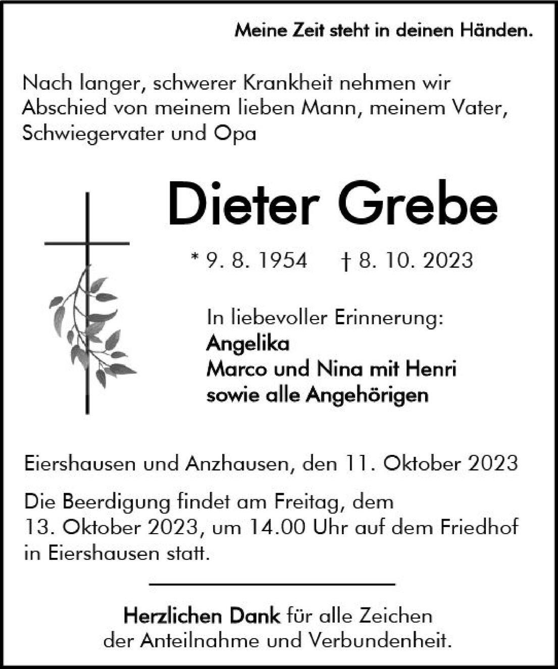Traueranzeige f&uuml;r Dieter Grebe mit pers&ouml;nlichen Erinnerungen und Details zur Beerdigung am 13. Oktober 2023.