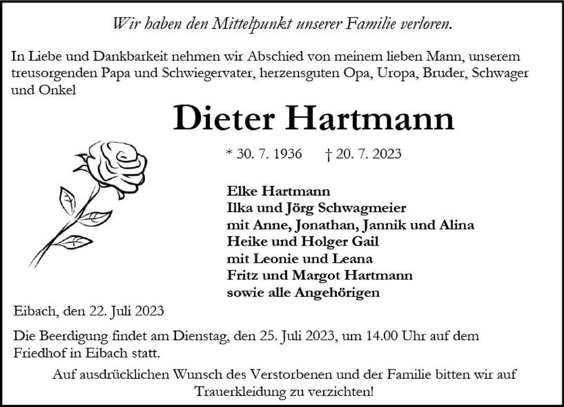 Traueranzeige f&uuml;r Dieter Hartmann mit Daten und den Angeh&ouml;rigen, dekoriert mit einer Rose auf der linken Seite.