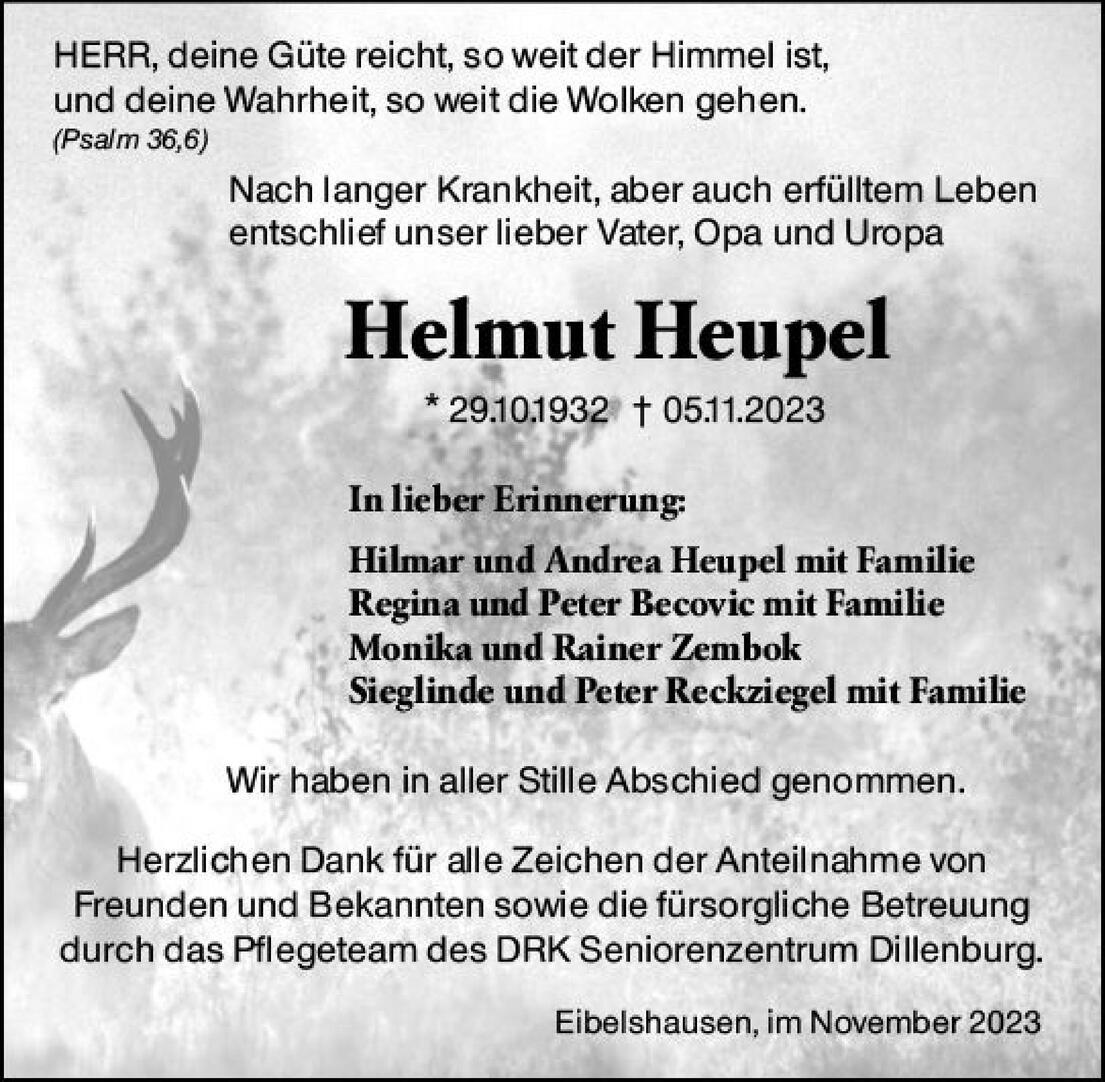 Traueranzeige f&uuml;r Helmut Heupel mit pers&ouml;nlicher Botschaft und Erinnerungen seiner Familie sowie Dank an Pflegepersonal.