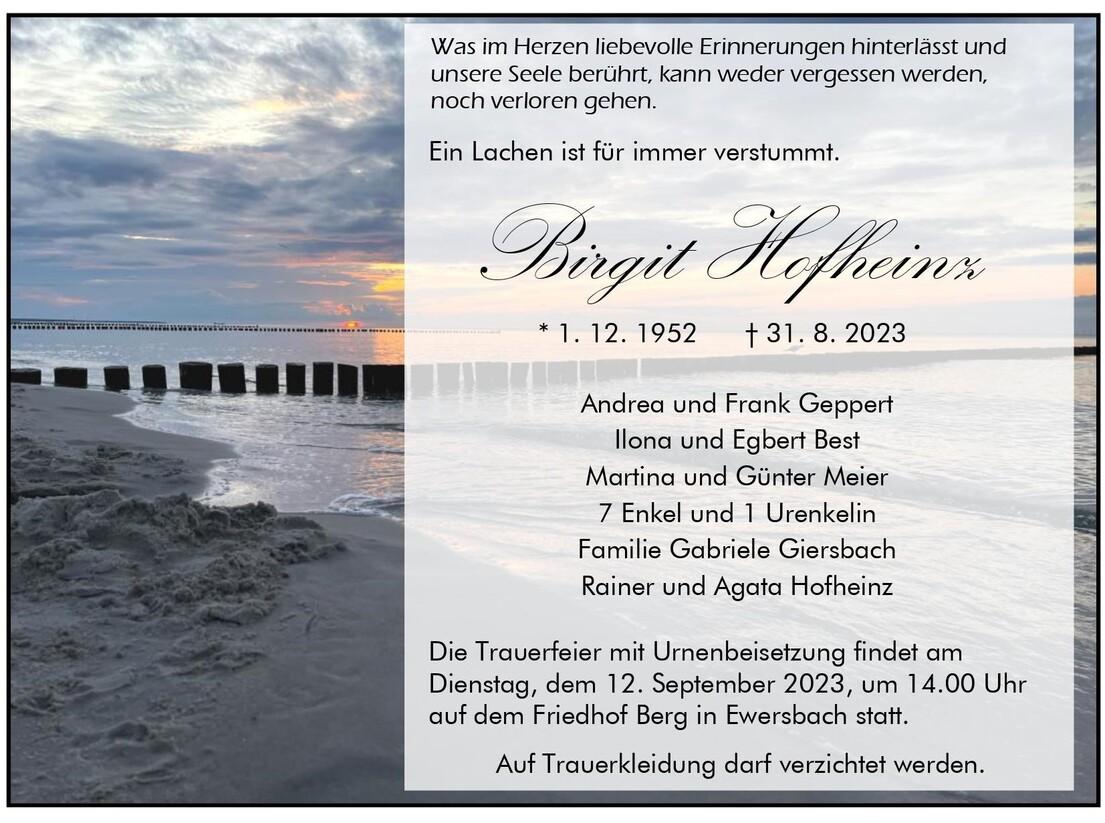 Trauerkarte f&uuml;r Birgit Hofheinz mit einem Sonnenuntergang &uuml;ber dem Wasser und einem Schriftzug in eleganter Schrift.