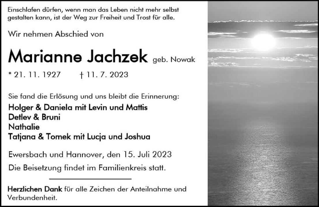 Traueranzeige f&uuml;r Marianne Jachzek, gestorben am 11. Juli 2023, mit Angaben zu ihrer Familie und Beisetzung.