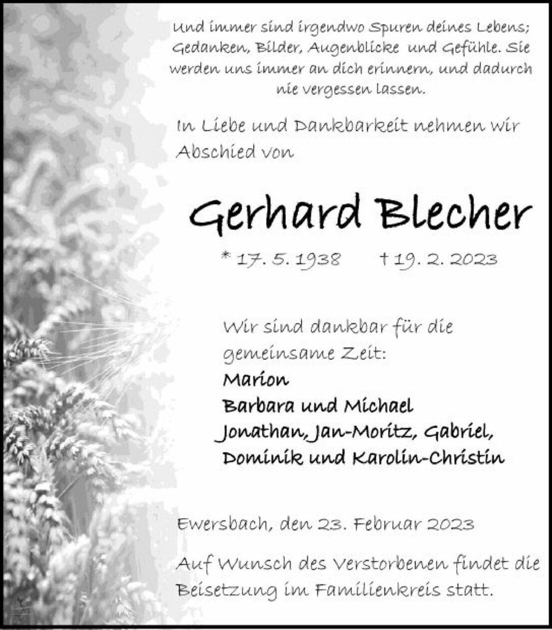 Traueranzeige für Gerhard Blecher mit Lebensdaten und Dank für gemeinsame Zeit, verziert mit Pflanzenmotiven.