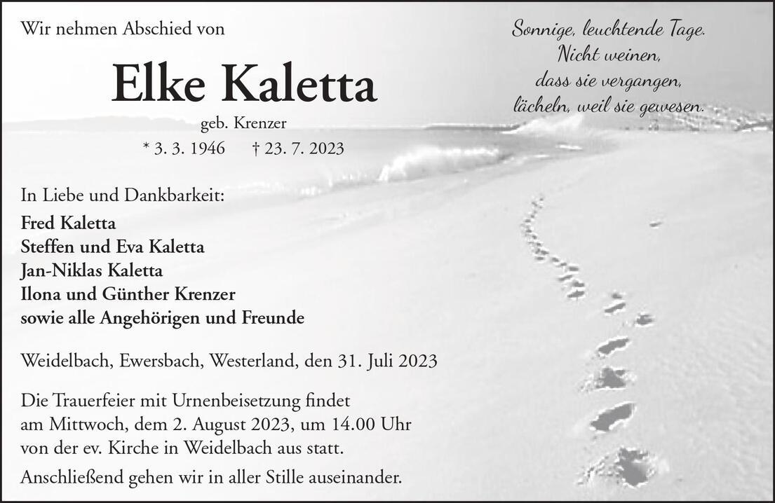 Trauerkarte f&uuml;r Elke Kaletta mit Fu&szlig;spuren im Sand und liebevollen Abschiedsworten sowie Trauerterminen.