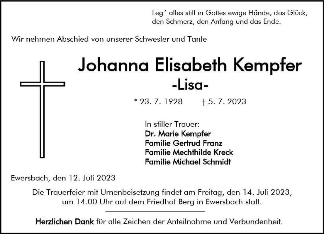Traueranzeige f&uuml;r Johanna Elisabeth Kempfer mit Geburts- und Sterbedatum sowie Informationen zur Trauerfeier.