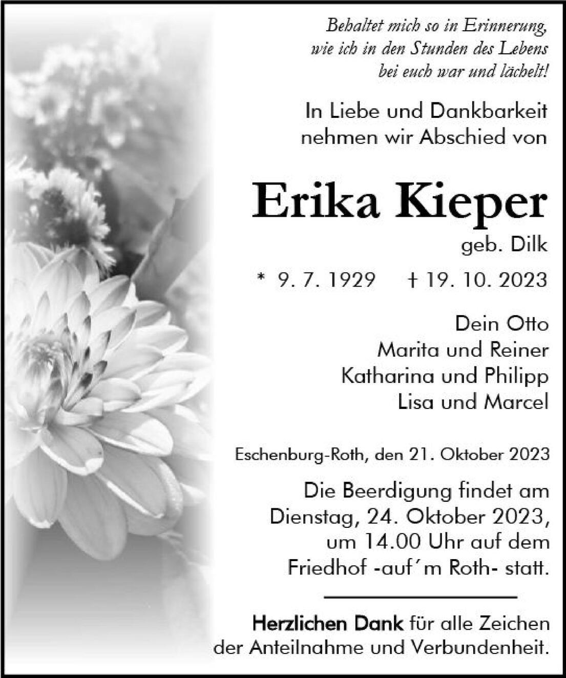 Traueranzeige f&uuml;r Erika Kieper mit Namen, Geburts- und Sterbedatum sowie Informationen zur Beerdigung und Blumenmotiven.