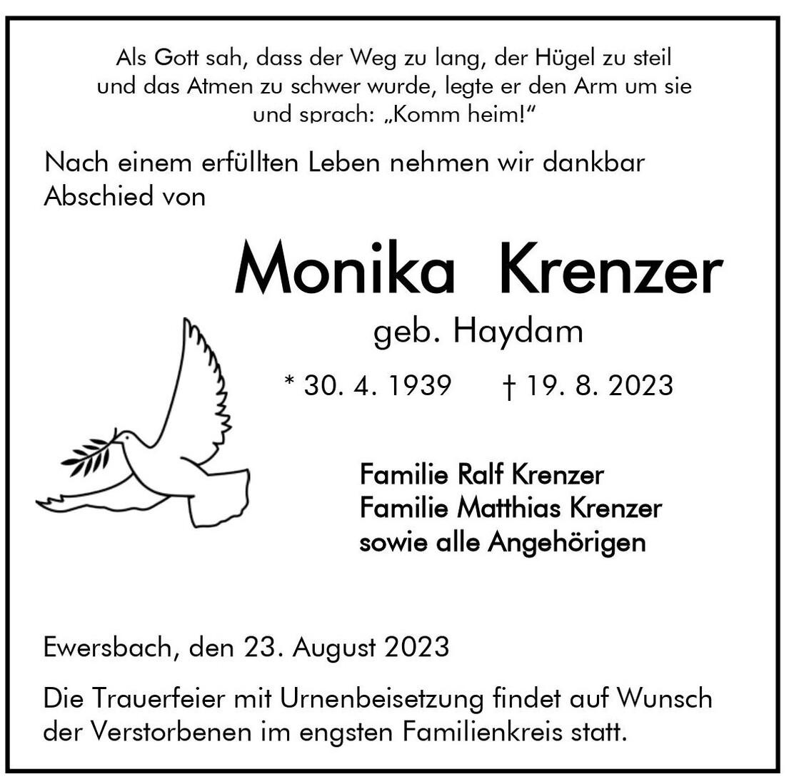 Traueranzeige f&uuml;r Monika Krenzer, geb. Haydam, mit Lebensdaten und Informationen zur Trauerfeier. Eine Friedenstaube ist abgebildet.