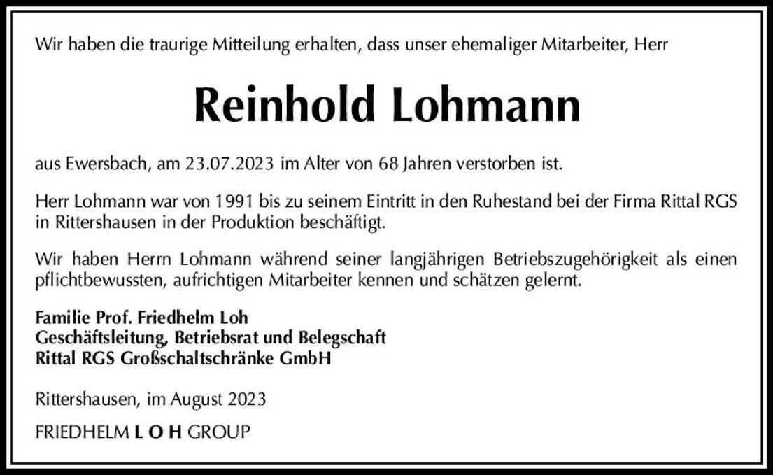 Traueranzeige f&uuml;r Reinhold Lohmann, verstorben am 23.07.2023, beschrieben mit biografischen Details.