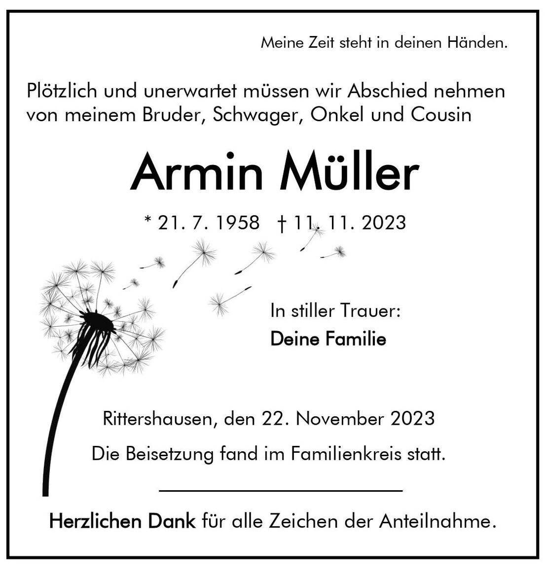 Traueranzeige f&uuml;r Armin M&uuml;ller mit Geburts- und Sterbedatum, umgeben von Pusteblumen-Symbolen.