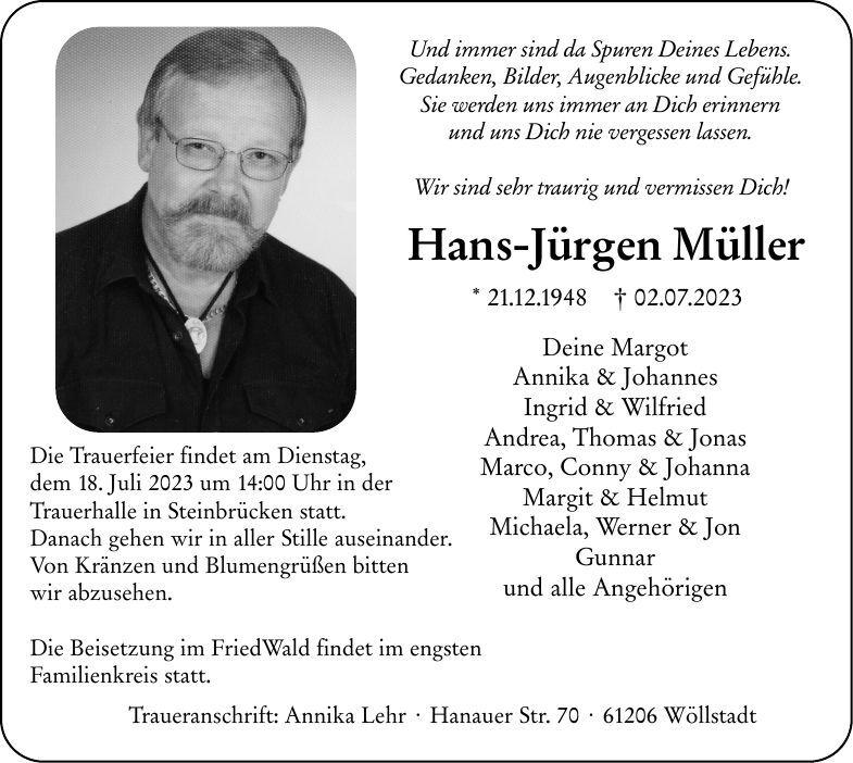 Traueranzeige f&uuml;r Hans-J&uuml;rgen M&uuml;ller mit Bild und Informationen zur Trauerfeier und Beisetzung.