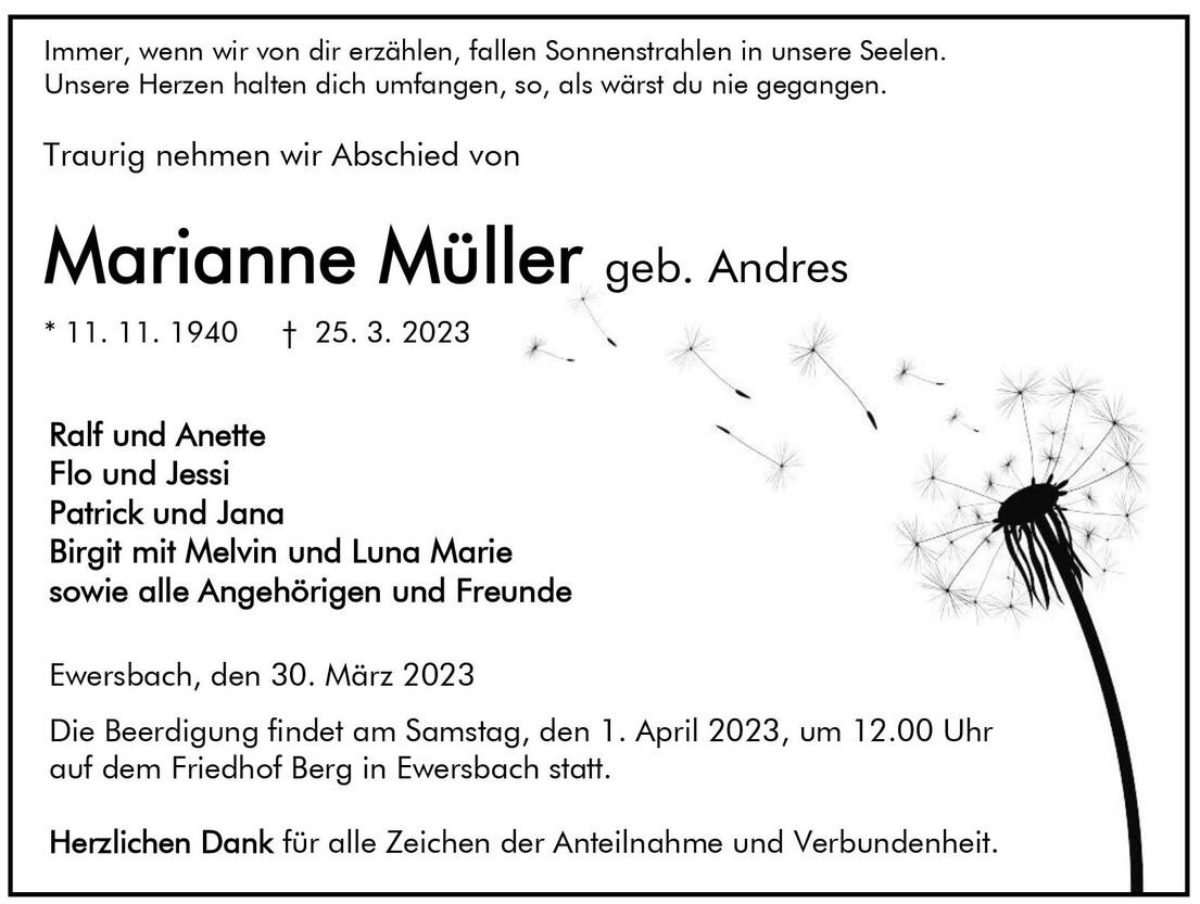 Traueranzeige f&uuml;r Marianne M&uuml;ller, geb. Andres, mit Daten zur Beerdigung und pers&ouml;nlichen Abschiedsseiten.