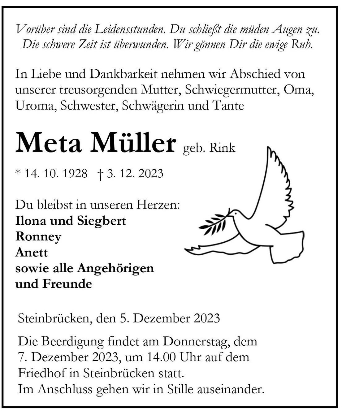 Traueranzeige f&uuml;r Meta M&uuml;ller, mit Namen und Geburts- sowie Sterbedatum, umrahmt von einer Friedenstaube.