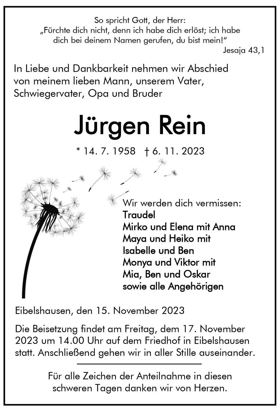 Traueranzeige f&uuml;r J&uuml;rgen Rein mit Lebensdaten, pers&ouml;nlichen Erinnerungen und Beisetzungsinformationen.