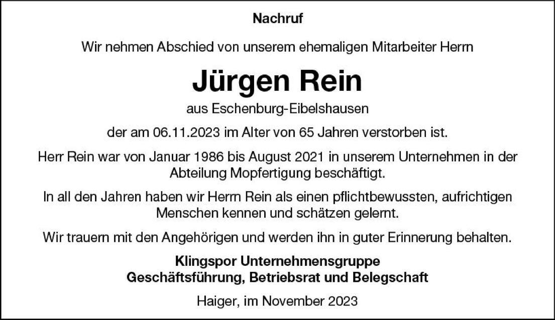 Nachruf auf J&uuml;rgen Rein, verstorben am 06.11.2023, mitgewirkt in der Abteilung Mopfertigung, Klingspor Unternehmensgruppe.
