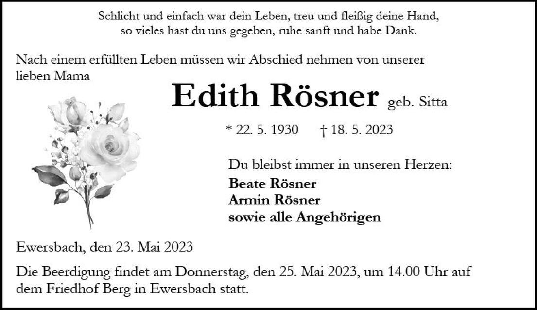 Traueranzeige f&uuml;r Edith R&ouml;sner mit Blumenmotiv, Geburts- und Sterbedatum sowie Infos zur Beerdigung.