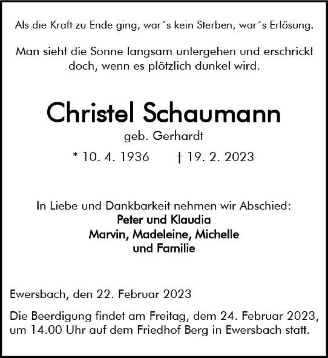 Traueranzeige f&uuml;r Christel Schaumann mit Geburts- und Todesdatum sowie Informationen zur Beerdigung.