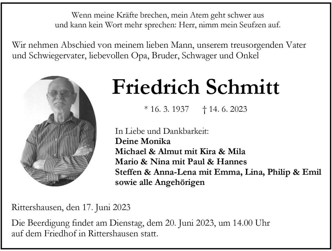 Traueranzeige für Friedrich Schmitt mit Fotos und Beisetzungsinformationen, veröffentlicht am 17. Juni 2023.