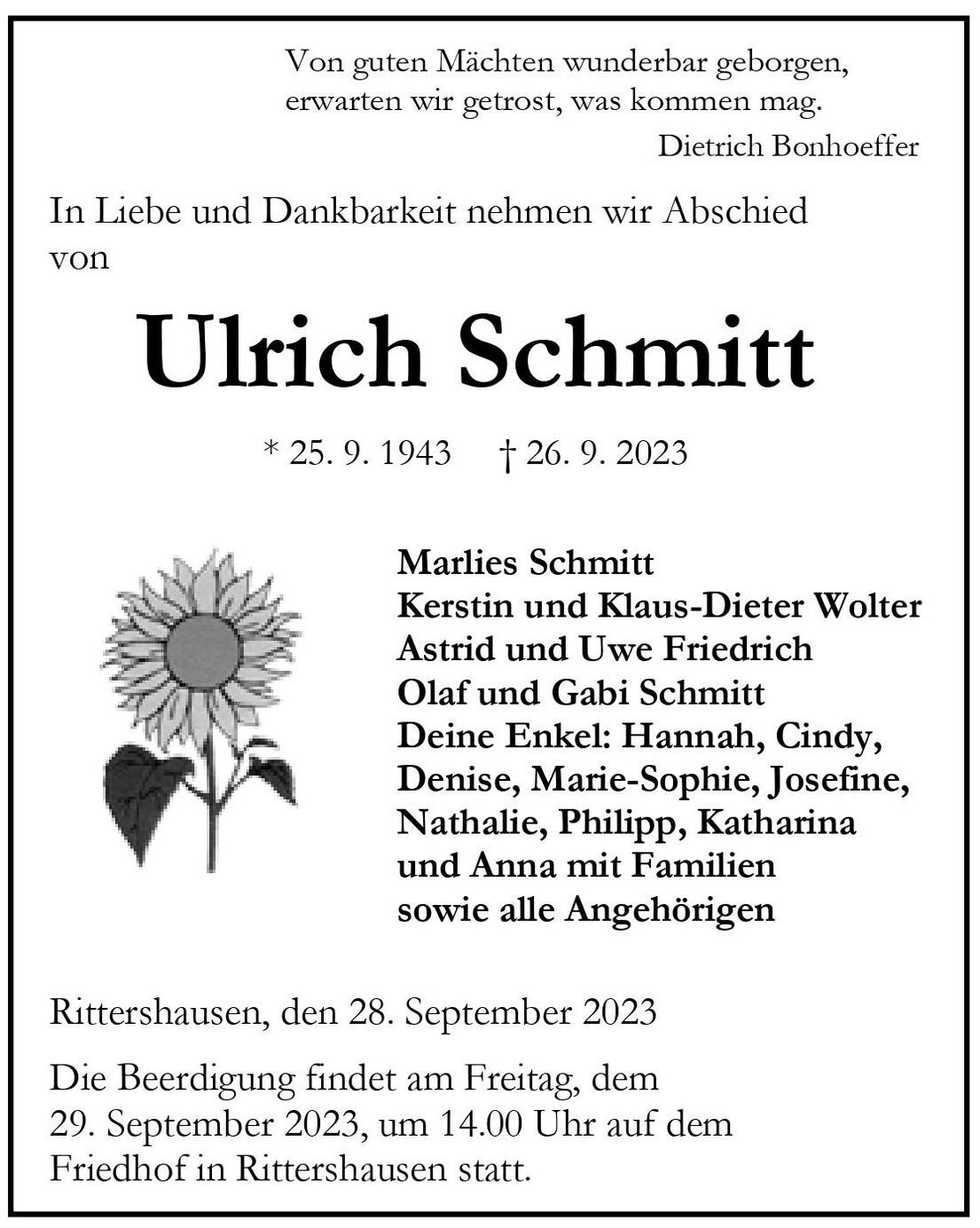 Traueranzeige f&uuml;r Ulrich Schmitt mit seinen Geburts- und Sterbedaten sowie den Namen der Angeh&ouml;rigen und Beerdigungsinformationen.