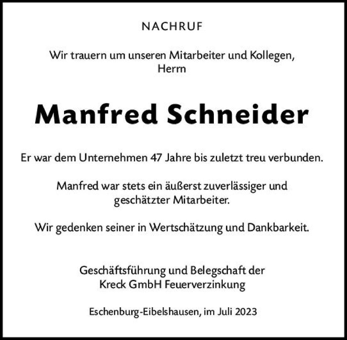 Nachruf f&uuml;r Manfred Schneider, der 47 Jahre dem Unternehmen treu war und als Mitarbeiter gesch&auml;tzt wurde. Es ist Juli 2023.