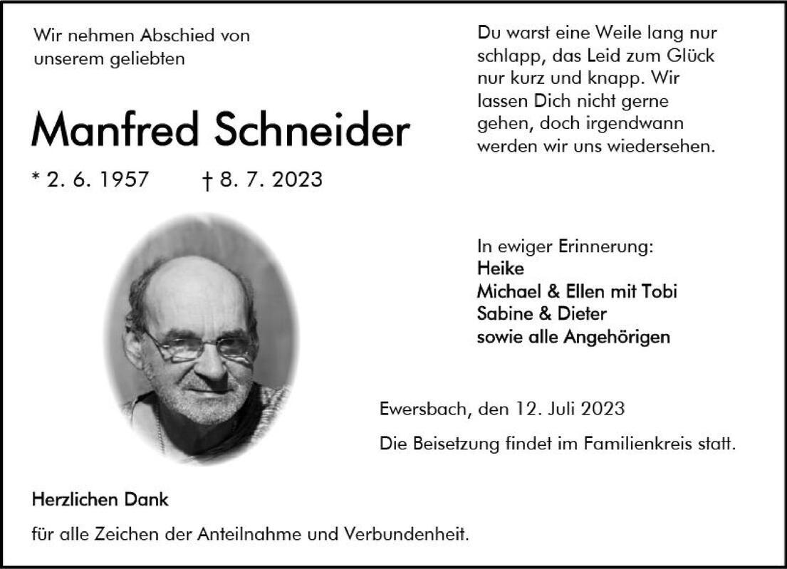 Traueranzeige f&uuml;r Manfred Schneider mit Lebensdaten und pers&ouml;nlichen Erinnerungen von Angeh&ouml;rigen.