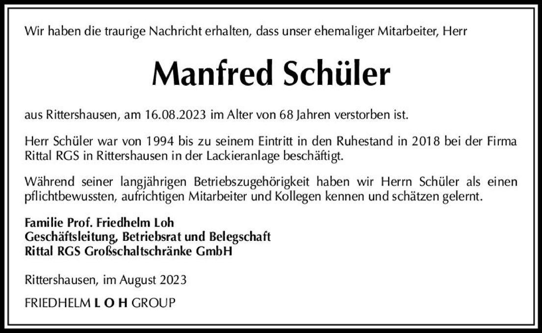 Nachruf f&uuml;r Manfred Sch&uuml;ler, verstorben am 16.08.2023, ehemaliger Mitarbeiter der Firma Rittal RGS.