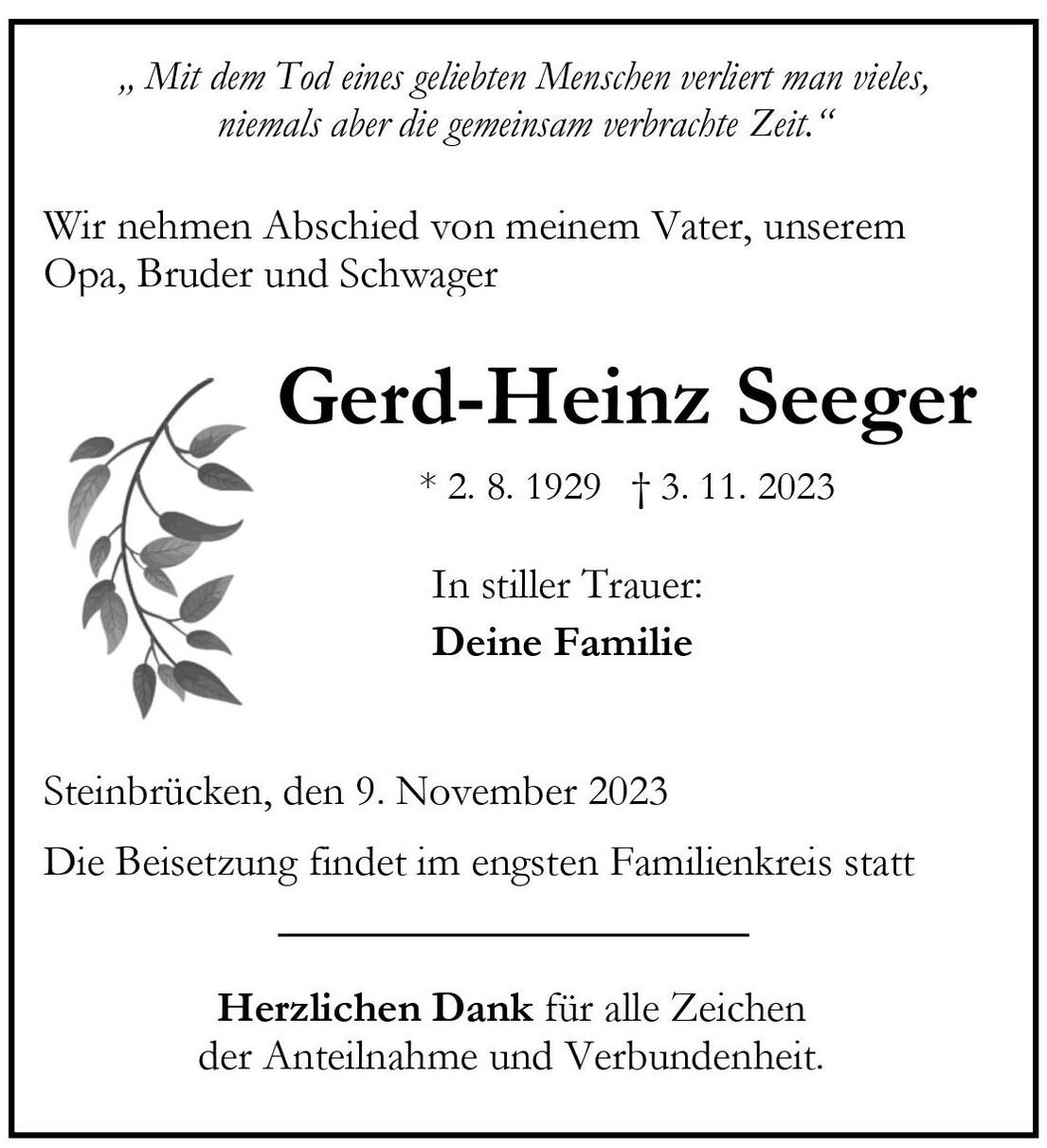 Traueranzeige f&uuml;r Gerd-Heinz Seeger mit Lebensdaten und Hinweis zur Beisetzung im Familienkreis.