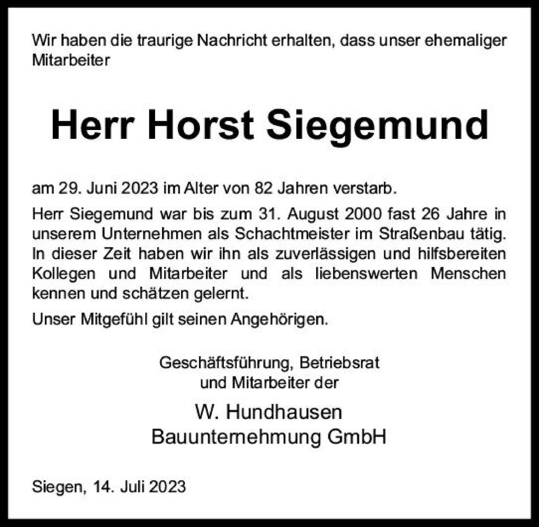 Nachruf f&uuml;r Herrn Horst Siegemund, verstorben am 29. Juni 2023 im Alter von 82 Jahren, ehemaliger Schachtmeister.