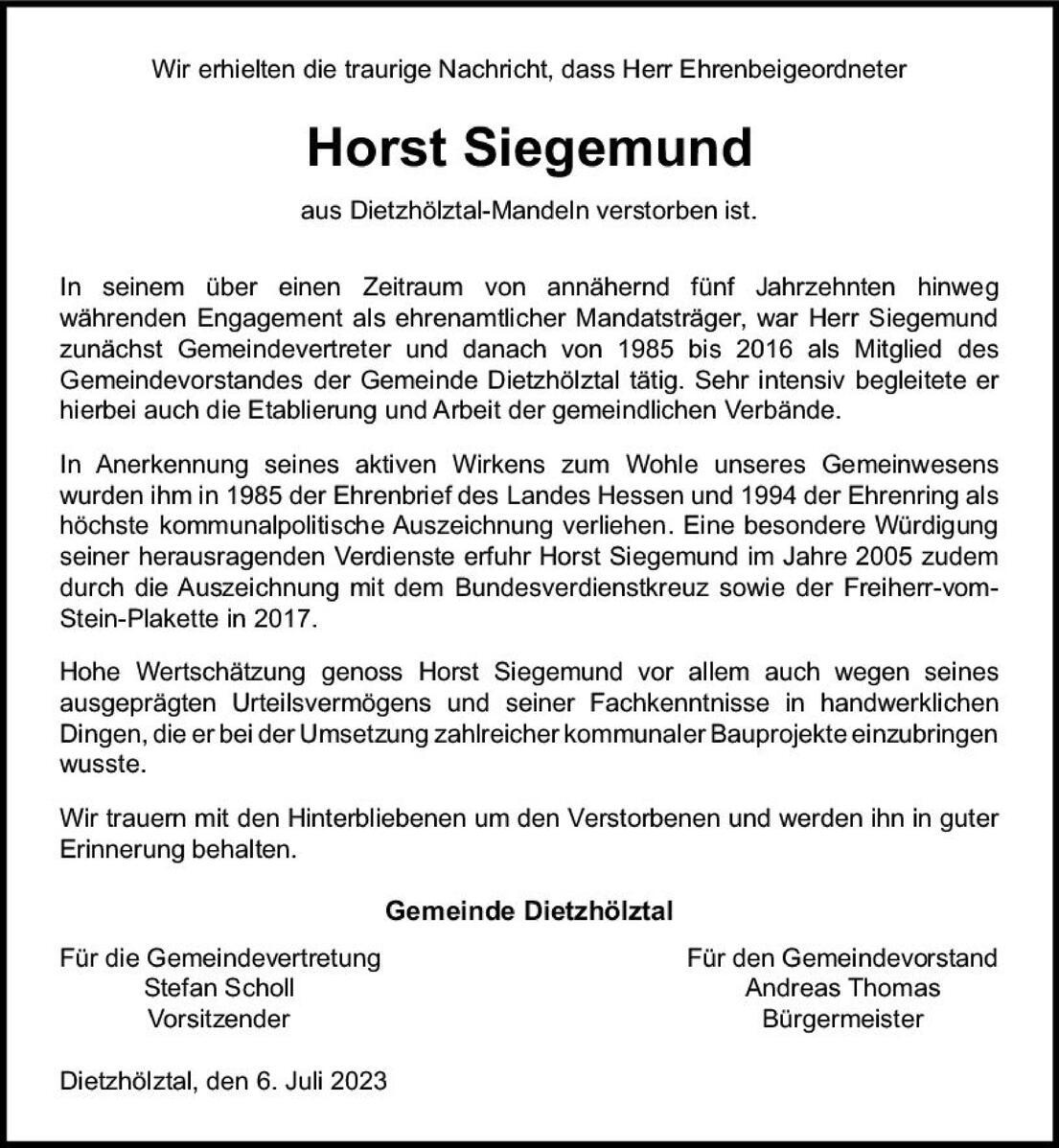 Traueranzeige f&uuml;r Horst Siegmund aus Dietzh&ouml;lztal-Mandeln, der am 6. Juli 2023 verstorben ist.