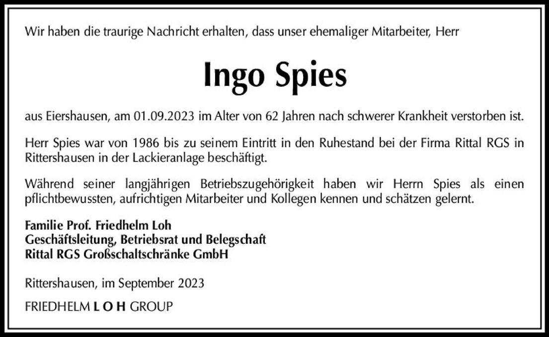 Nachruf auf Ingo Spies, der am 01.09.2023 im Alter von 62 Jahren verstorben ist, mit Danksagungen der Familie.