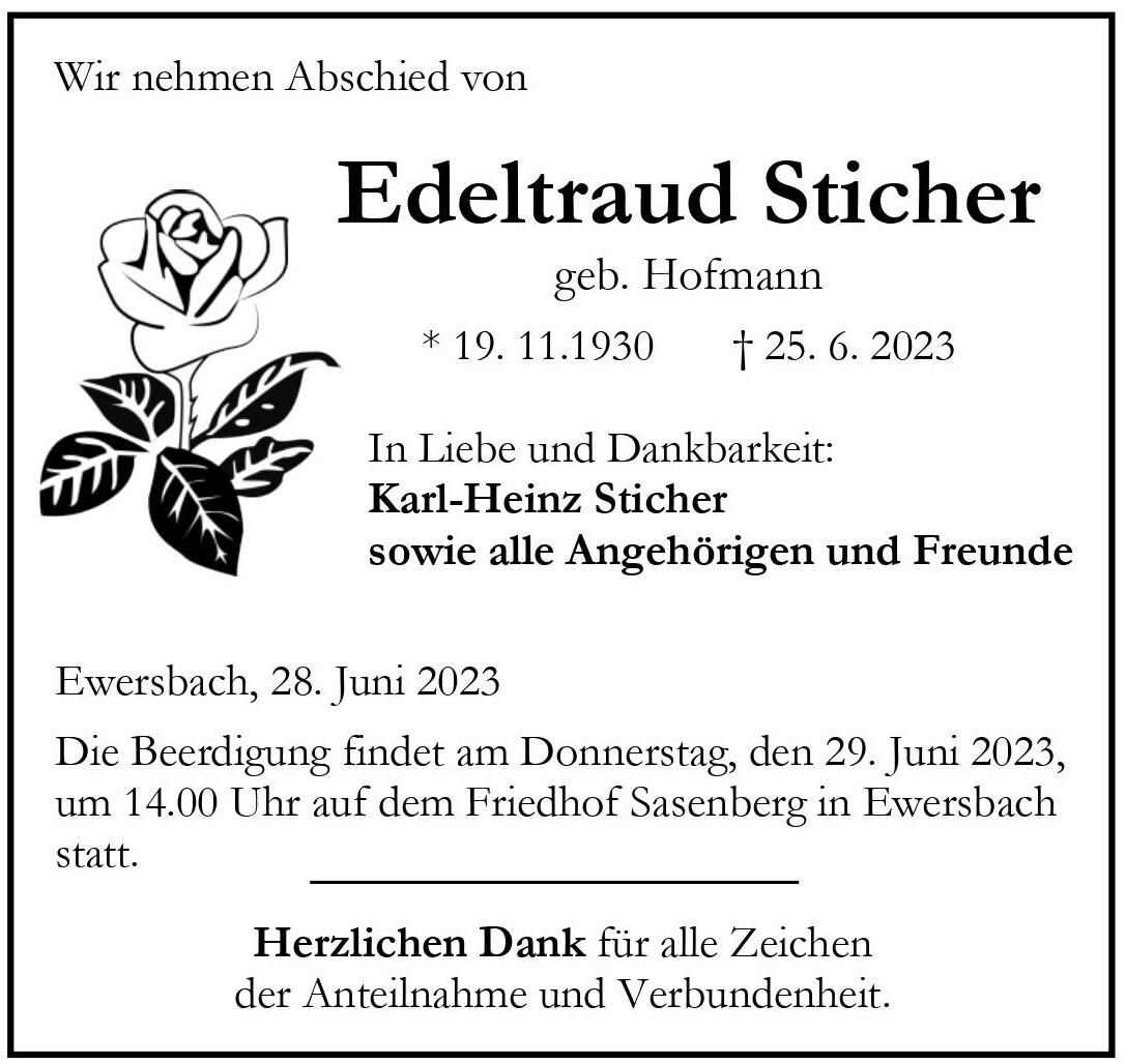 Traueranzeige f&uuml;r Edeltraud Sticher mit Angaben zu Geburt, Tod und Beerdigungstermin sowie einem Rosen-Symbol.